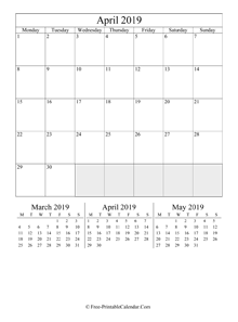 2019 calendar april vertical layout