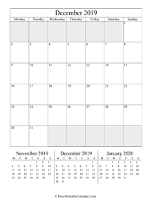 2019 calendar december portrait