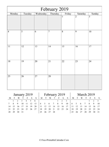 2019 calendar february vertical layout