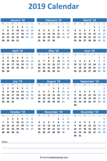 2019 calendar notes vertical