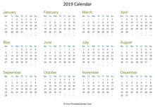 2019 calendar printable horizontal