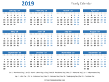 2019 Yearly Calendar with Holidays (horizontal)