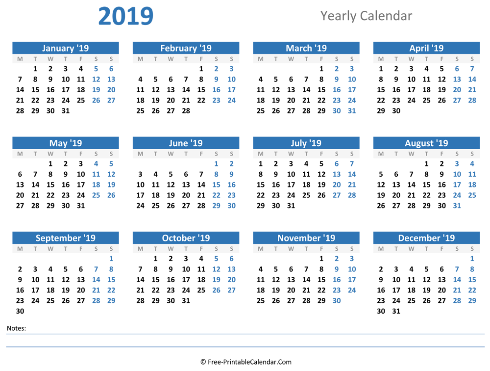 2019 Yearly Calendar For Word
