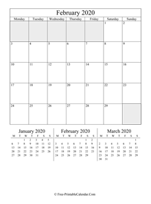 2020 calendar february vertical layout
