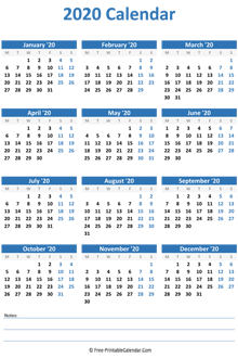 2020 calendar notes vertical
