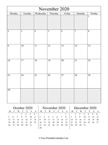 2020 calendar november vertical layout