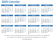 2020 yearly calendar with holidays (horizontal layout)