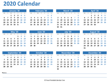 2020 Yearly Calendar with Notes space (horizontal)