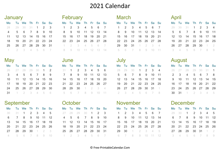 2021 calendar printable horizontal