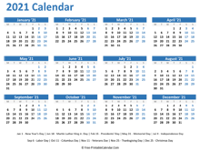 2021 Yearly Calendar with Holidays (horizontal)