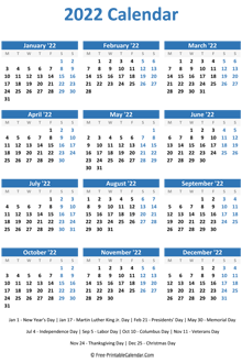 2022 calendar holidays vertical