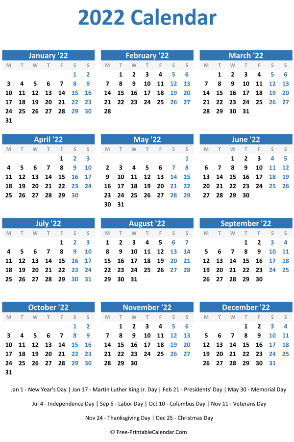 2022 Calendar Monthly Printable 2022