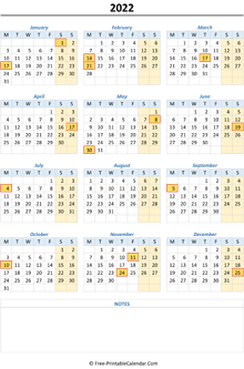 2022 calendar holidays weekend highlight vertical