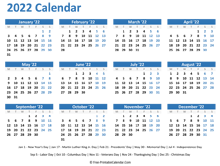 2022 yearly calendar with holidays (horizontal layout)