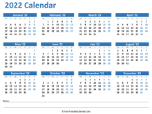 2022 yearly calendar with notes (horizontal layout)