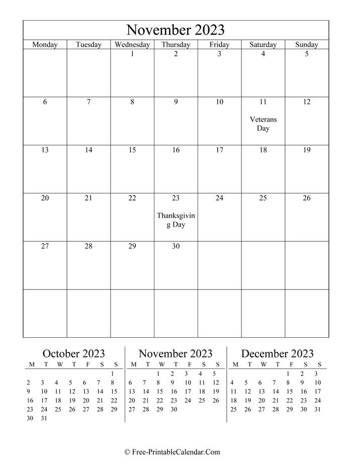 2023 Calendar November (Portrait Layout)