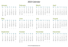 2023 calendar printable horizontal