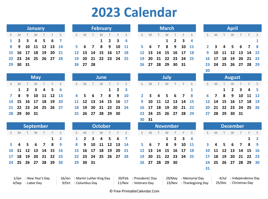 2023 Yearly Calendar with Holidays (Horizontal Layout)