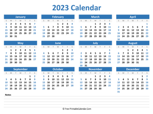 2023 Yearly Calendar with Notes space (horizontal)