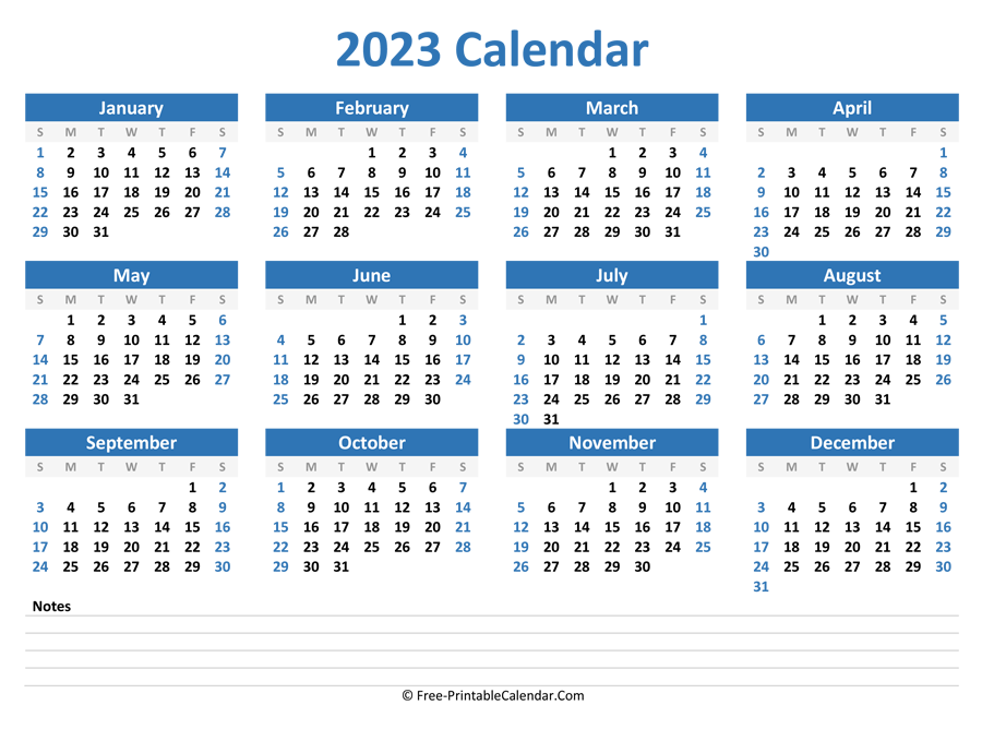 blank yearly calendar 2023 (horizontal layout)