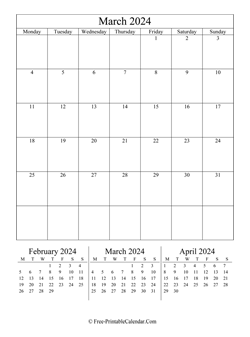2024 calendar march vertical layout