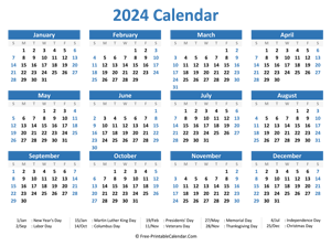2024 Yearly Calendar with Holidays (horizontal)
