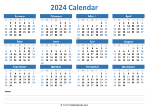 2024 yearly calendar with notes (horizontal layout)