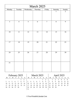 2025 calendar march vertical layout