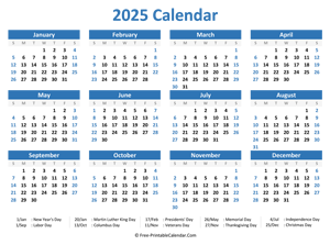 2025 Yearly Calendar with Holidays (horizontal)