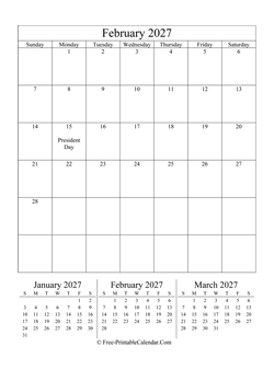 2027 calendar february vertical layout