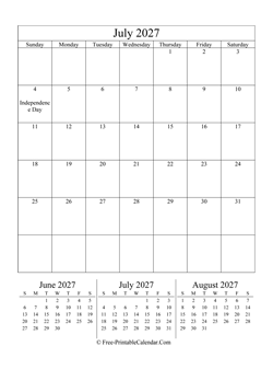 2027 calendar july portrait