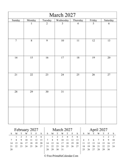 2027 calendar march portrait