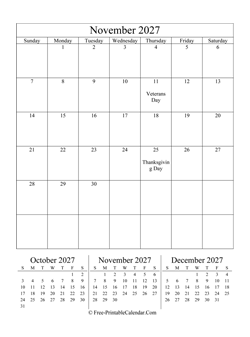 2027 calendar november portrait