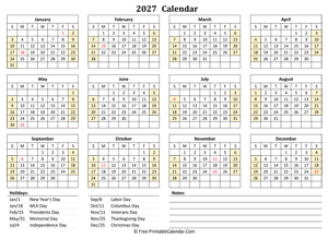 2027 landscape calendar holidays