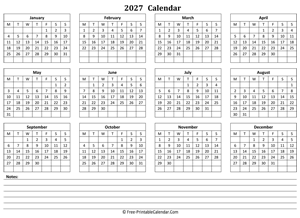 2027 landscape calendar notes