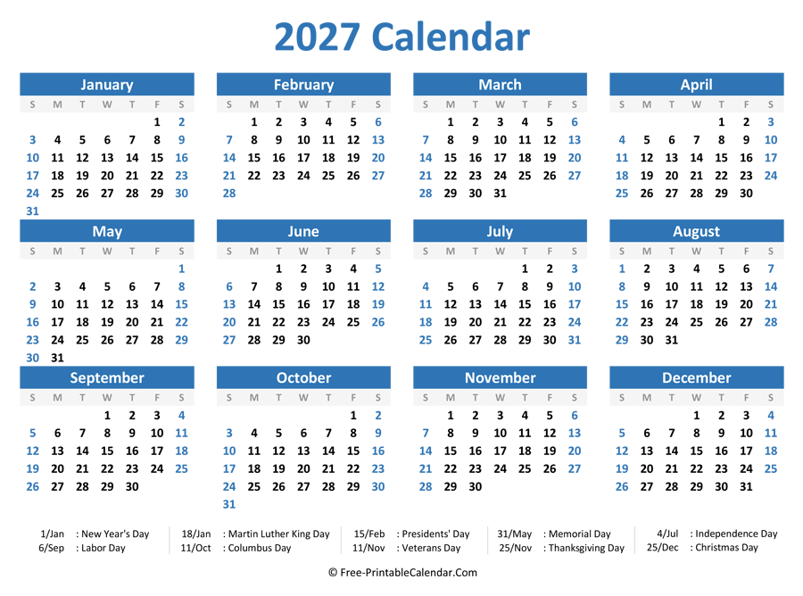 2027 Yearly Calendar with Holidays (Horizontal Layout)