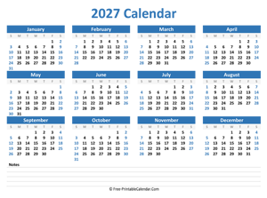 2027 Yearly Calendar with Notes space (horizontal)