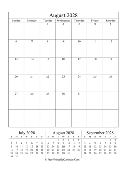 2028 calendar august vertical layout