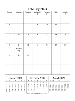 2028 calendar february vertical layout