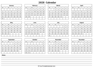 2028 landscape calendar notes