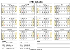 2029 landscape calendar holidays