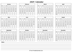 2029 landscape calendar notes