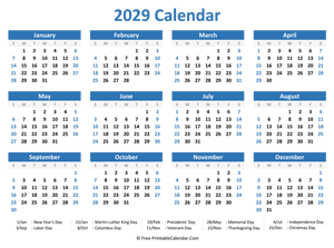 2029 Yearly Calendar with Holidays (horizontal)