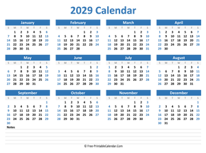 2029 yearly calendar notes horizontal