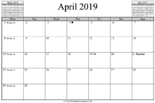 April 2019 Calendar (horizontal)