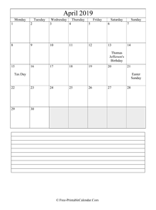 april 2019 editable calendar with notes space