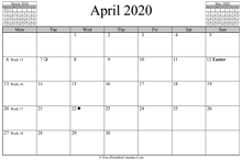 April 2020 Calendar (horizontal)