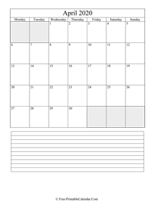 april 2020 editable calendar with notes space