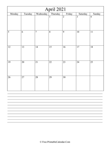 april 2021 editable calendar with notes space