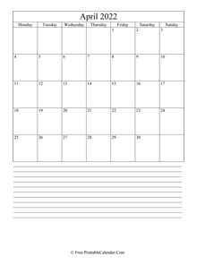 april 2022 editable calendar notes portrait